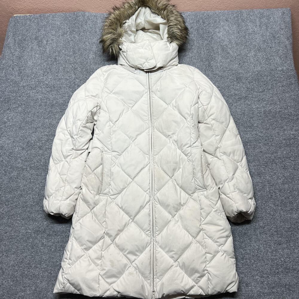 Uniqlo Coat Womens Medium White Down Puffer Hooded Belted Faux Fur Long Warm